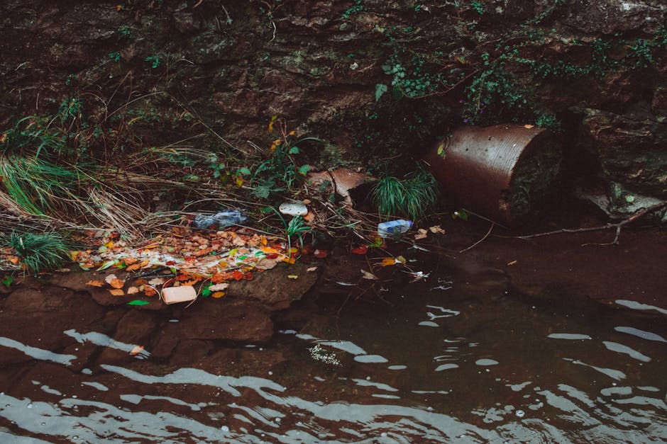 A small, cluttered area on the edge of a body of dark water, featuring a mixture of trash including plastic bottles, disposable cups, and paper debris scattered on muddy ground near a rocky embankment